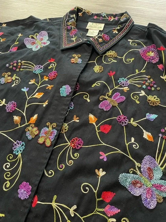 Quacker Factory Black Embroidered Beaded Button Up Blazer Jacket w/ Teal Trim - Picture 3 of 7